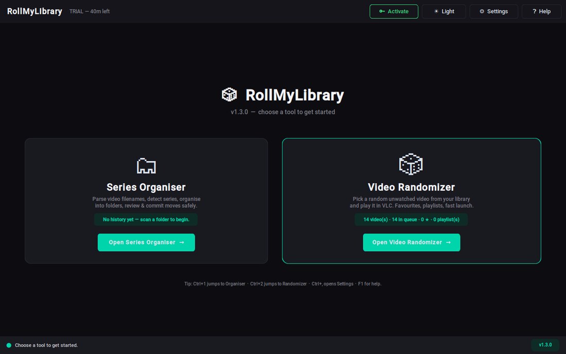 The RollMyLibrary launcher showing the Series Organiser and Video Randomizer cards