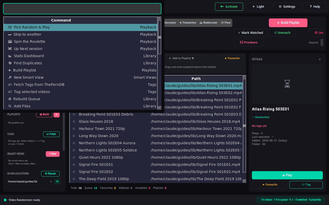 The command palette open over the Randomiser