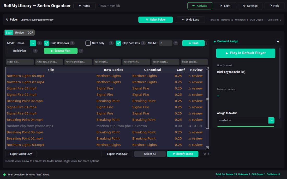 Scan results showing detected series names and confidence scores