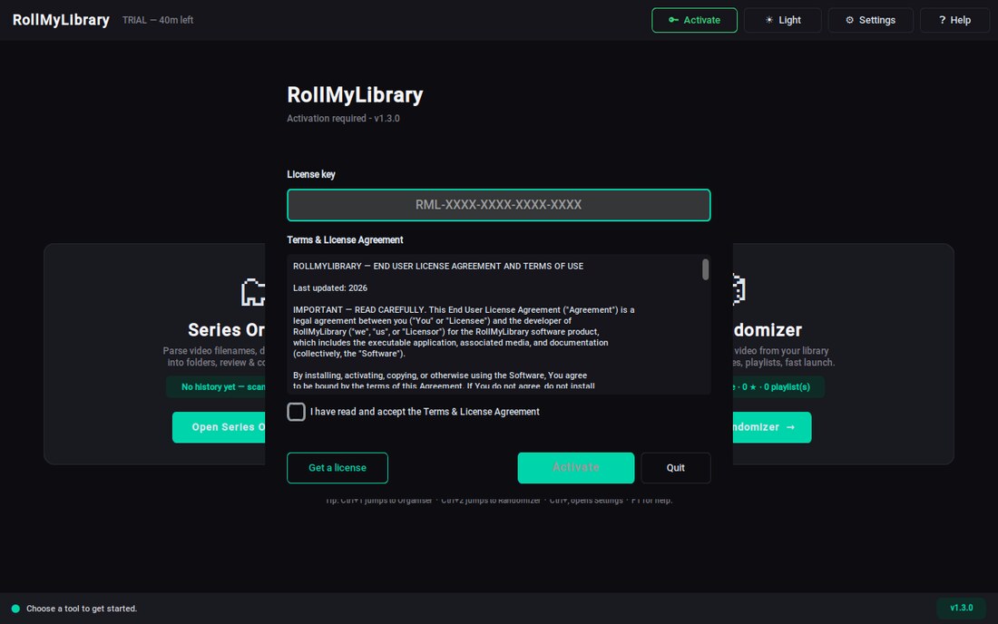 The activation window with the licence key field and terms checkbox