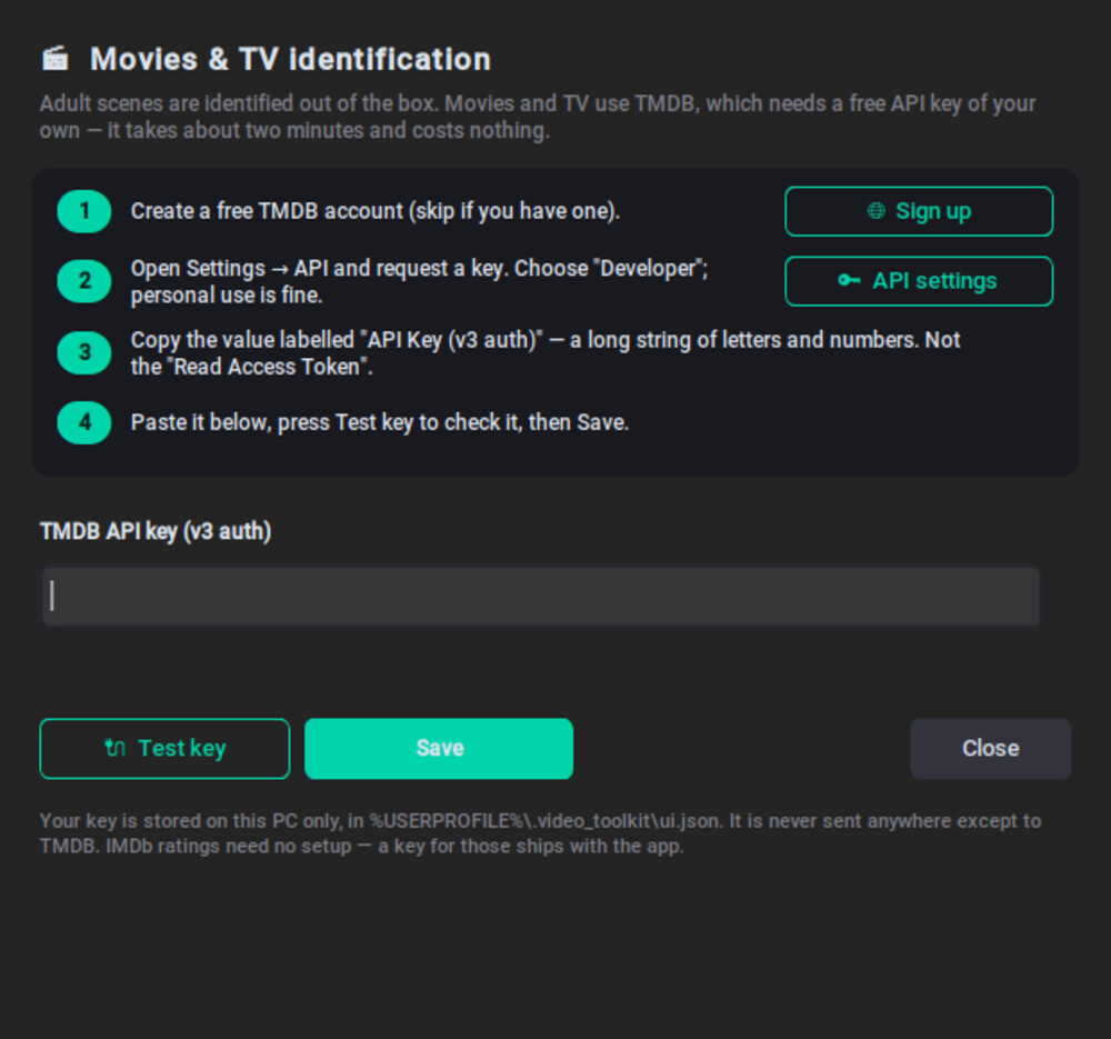 The Movie and TV identification setup window, showing four numbered steps, Sign up and API settings buttons, a key field, and Test key / Save buttons