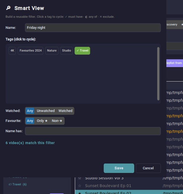 Smart View builder combining tag filters with watched state