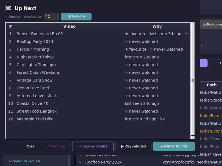 Up Next session queue of randomly selected videos